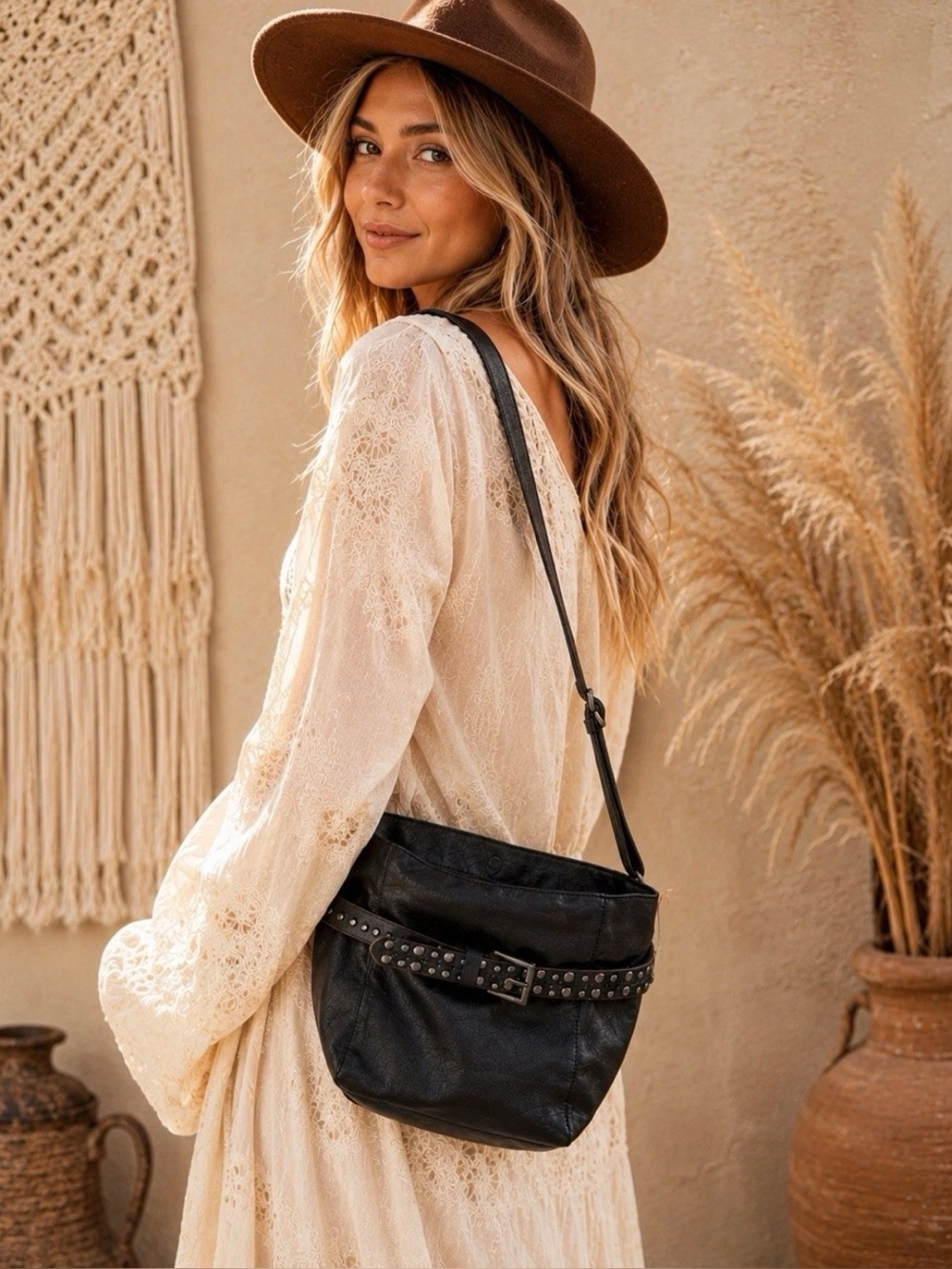 NWT Free People Embellished Studded Leather Bucket Crossbody Bag Black